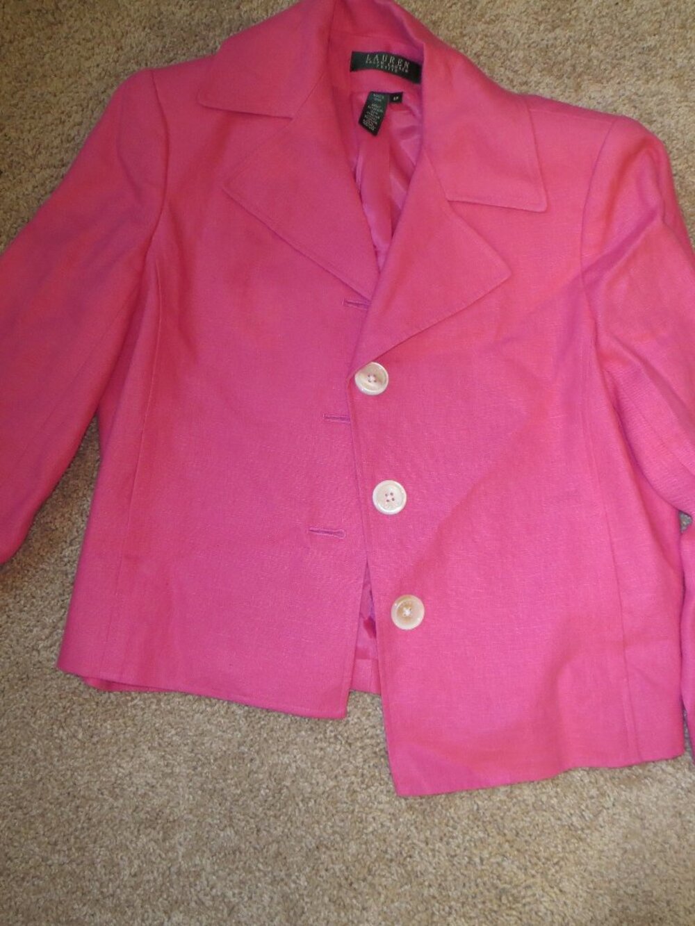 Lauren Ralph Lauren Pink 100% Linen Blazer Women's Size 6P, 3 Buttons, Collar.